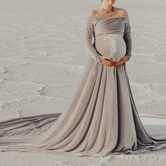 Elegant Gray Velvet Women's Photoshoot Dress - Picture 1 of 16